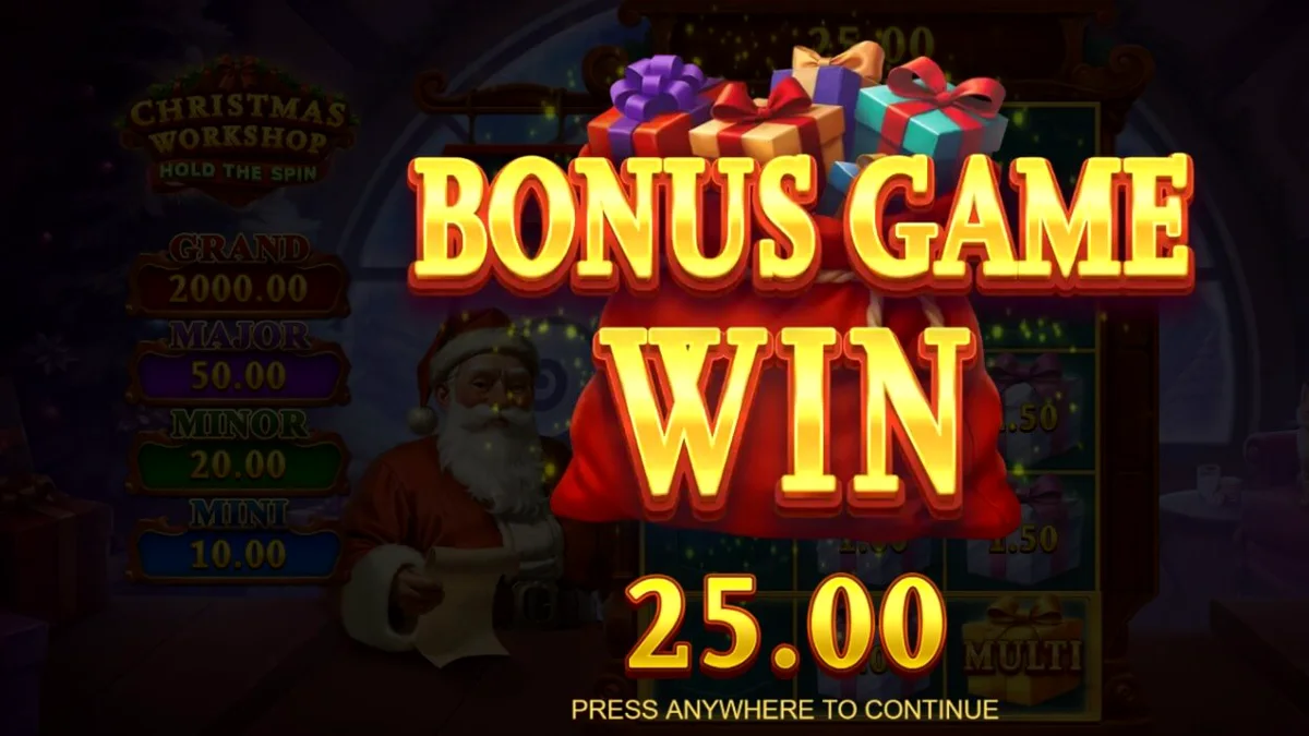 Tampilan visual slot Christmas Workshop: Hold The Spin dengan tema Natal yang meriah